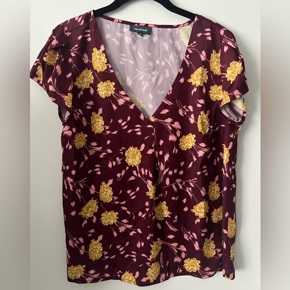 ModCloth Genuine Self Purple Short Sleeve Floral Blouse